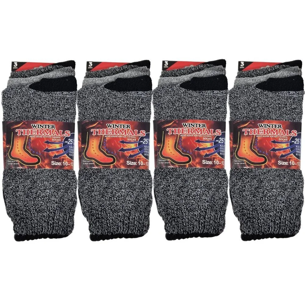Men Thermal Socks, Warm Winter Crew, Heavy Duty Book Sox, Size 10-13, 12 Pairs